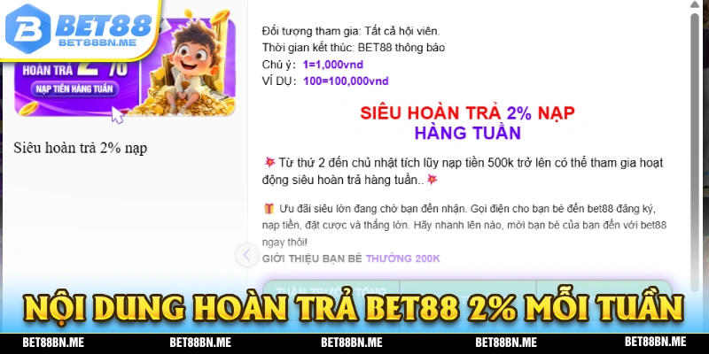 Nội dung chương trình BET88 lên đến 2% mỗi tuần 